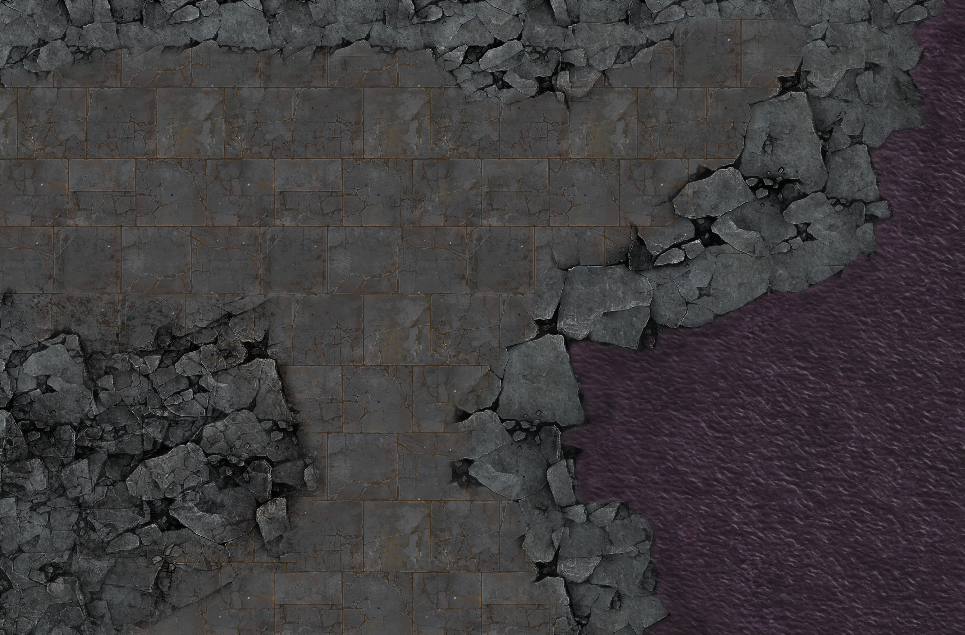 A dark fantasy tabletop gaming terrain tile featuring a cracked gray stone floor with a deep purple textured water or mossy border on the left.