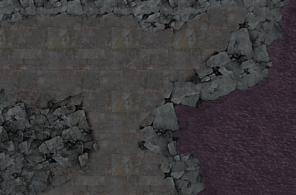 A dark fantasy tabletop gaming terrain tile featuring a cracked gray stone floor with a deep purple textured water or mossy border on the left.